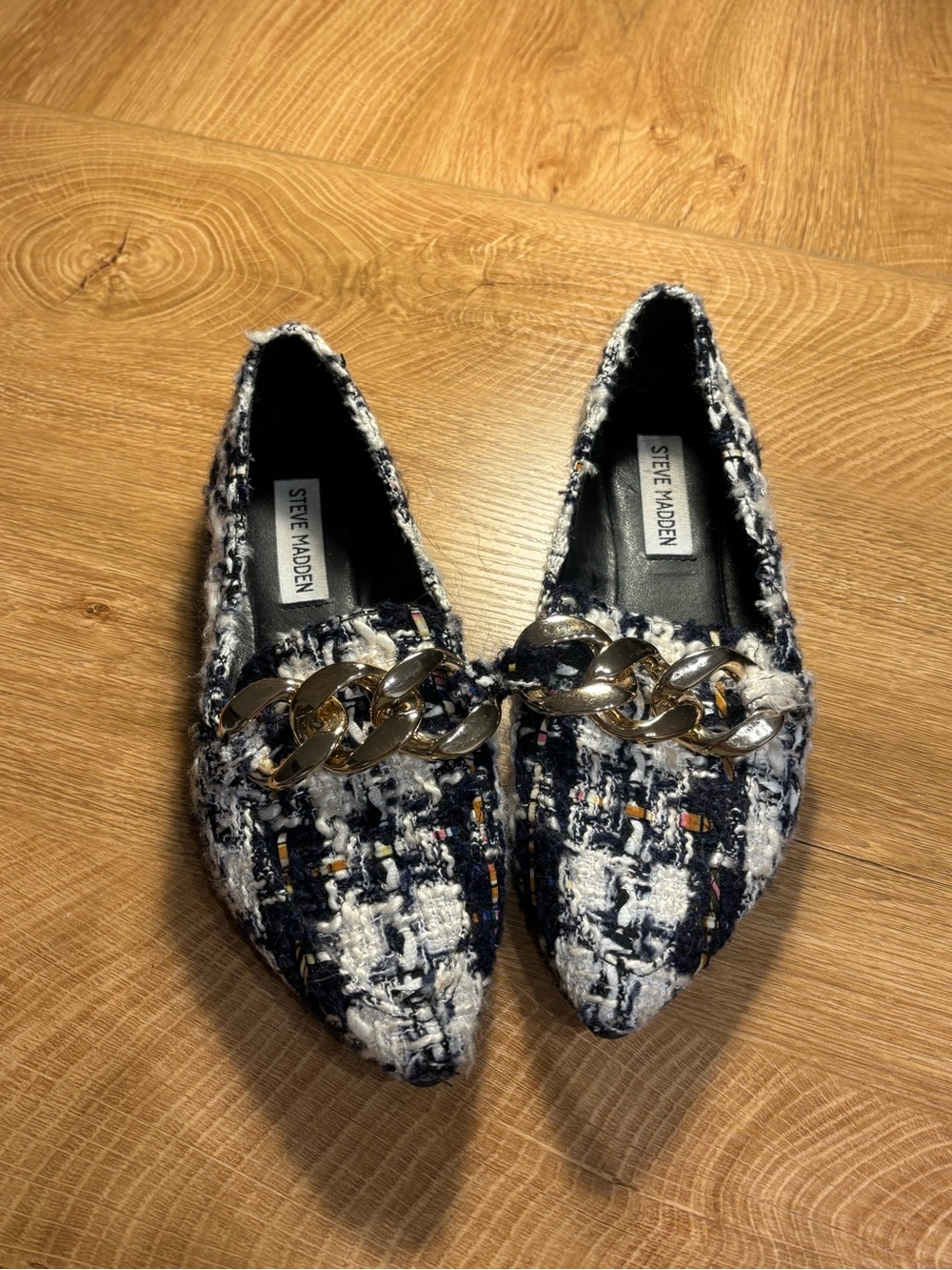 Steve Madden Black & White Tweed Pointed Loafers with Gold Chain